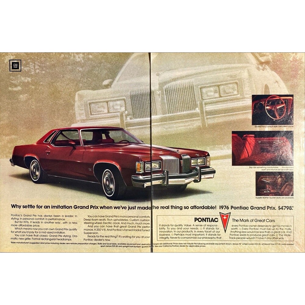 Pontiac Grand Prix "The Mark of Great Cars" 2 Page Vintage Print Ad 1975